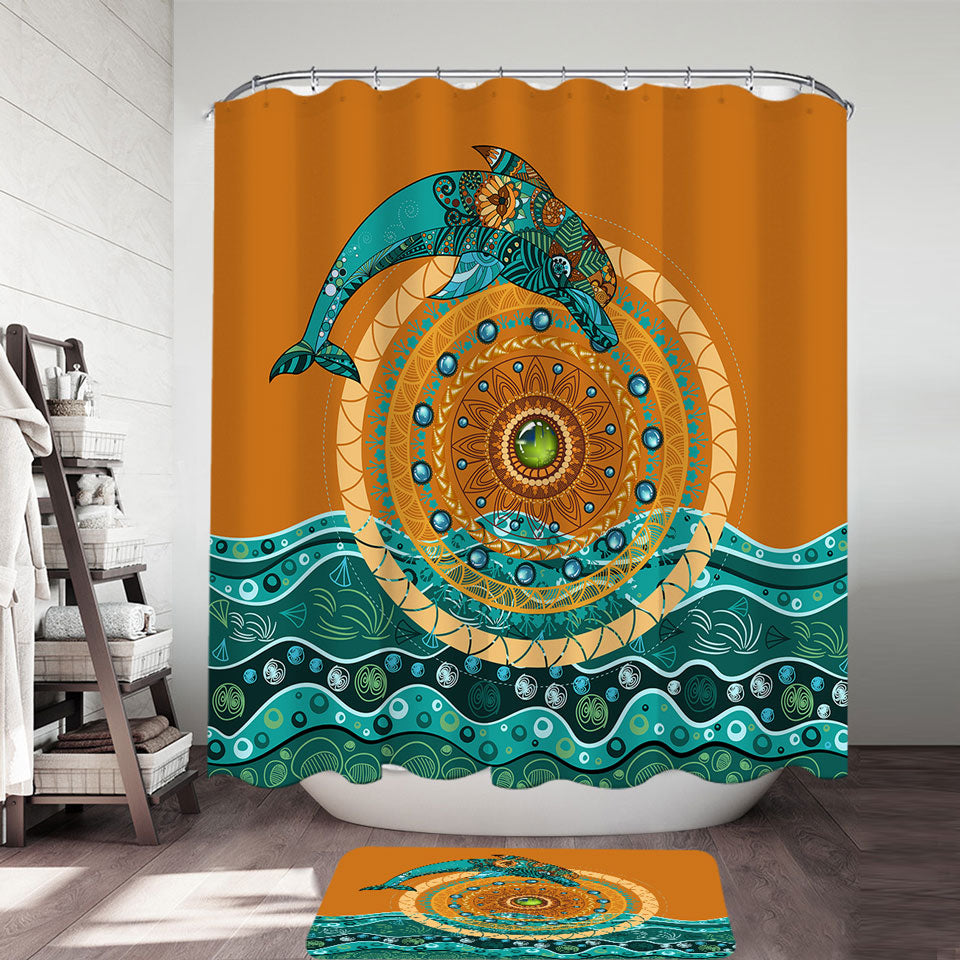 Ocean Themed Shower Curtains with Artistic Dolphin over the Sun