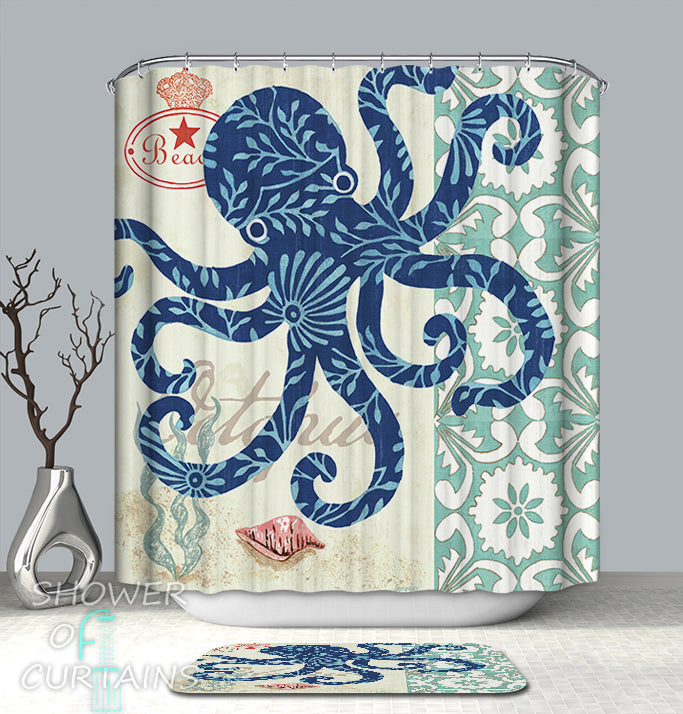 Octopus Shower Curtain Design of Blue Octopus Drawing