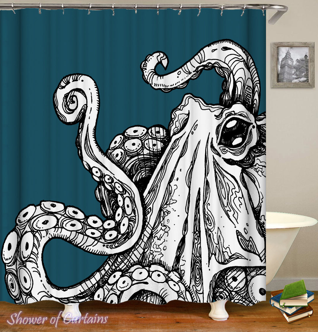 Octopus Shower Curtain of Black & White Octopus Over Turquoise