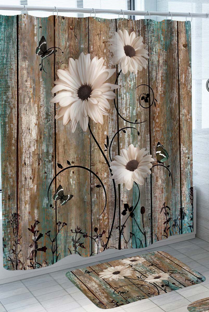 Off White Flowers and Butterflies on Wood Deck Country Shower Curtains