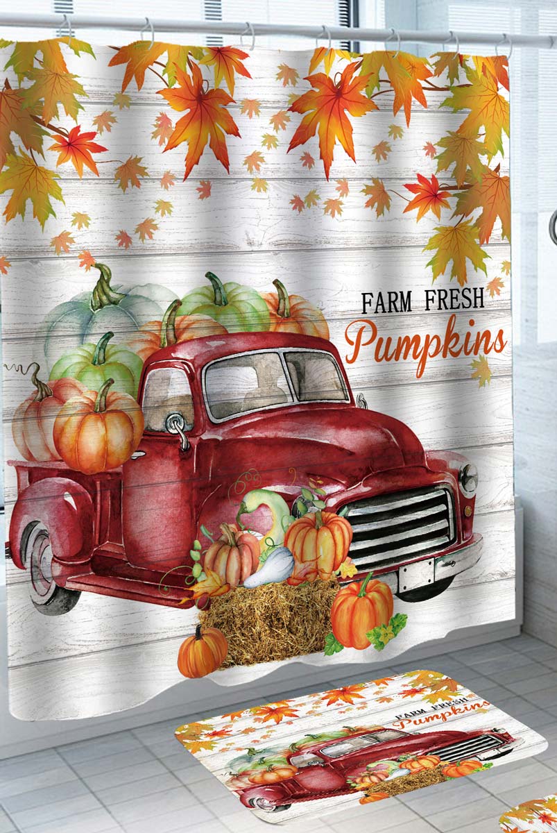 Old Red Truck Loaded Autumn Fresh Pumpkins Shower Curtain