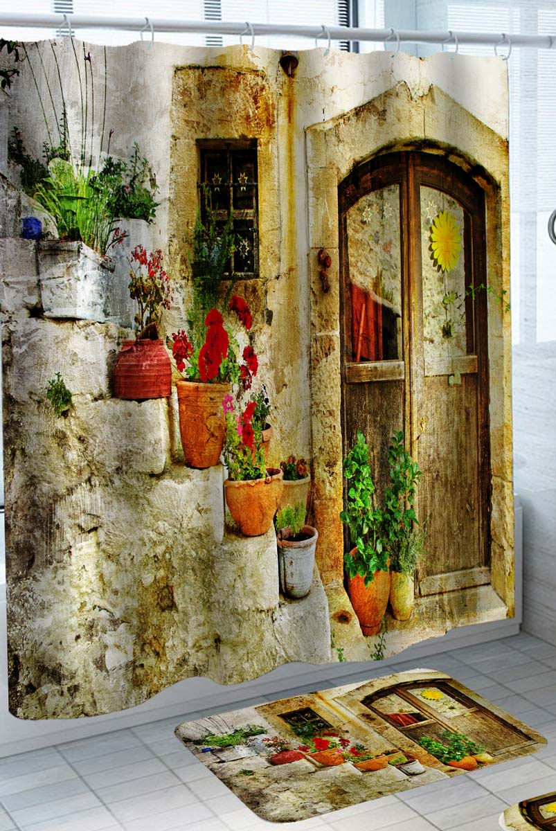 Old Village Shower Curtains with House and Stairs