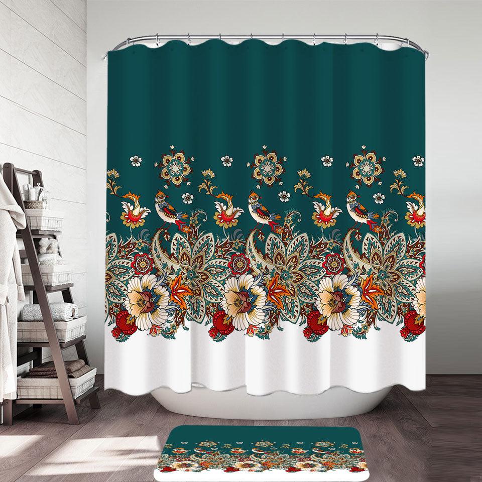 Oriental Art Shower Curtain Birds Flowers and Floral Mandalas