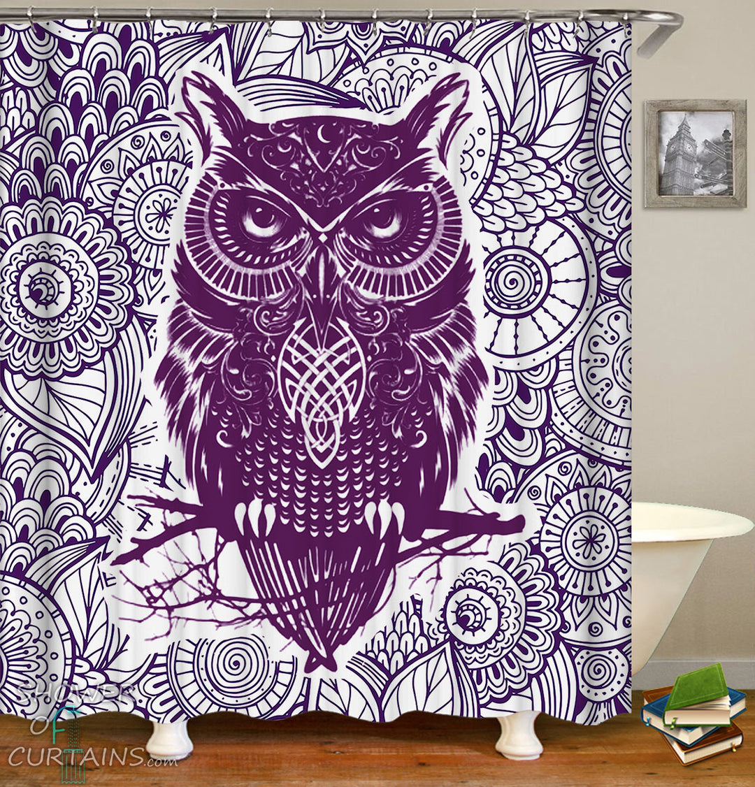 Oriental Purple Owl Shower Curtain