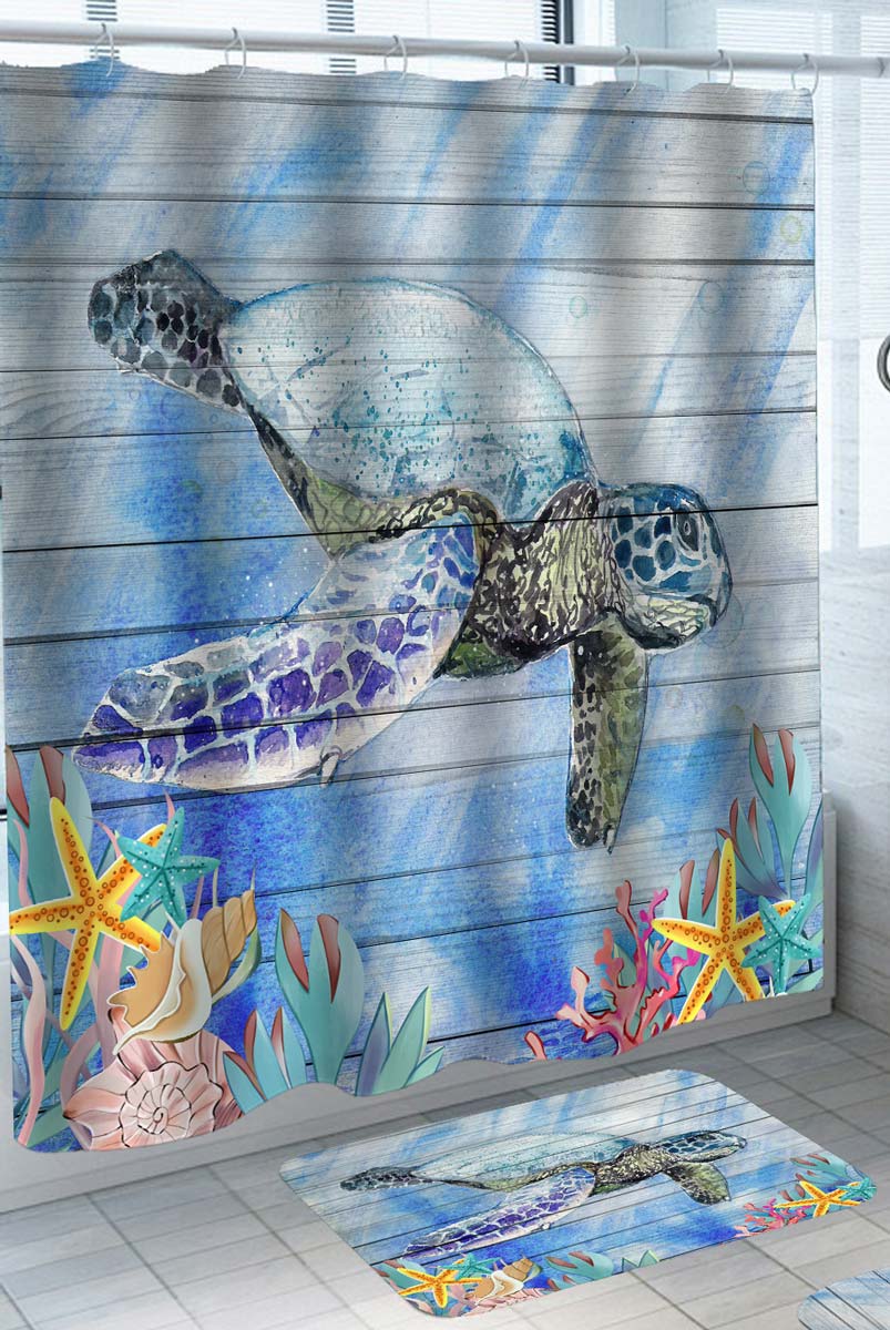 Painted Ocean Shower Curtain with Turtle and Coral on Wooden Deck