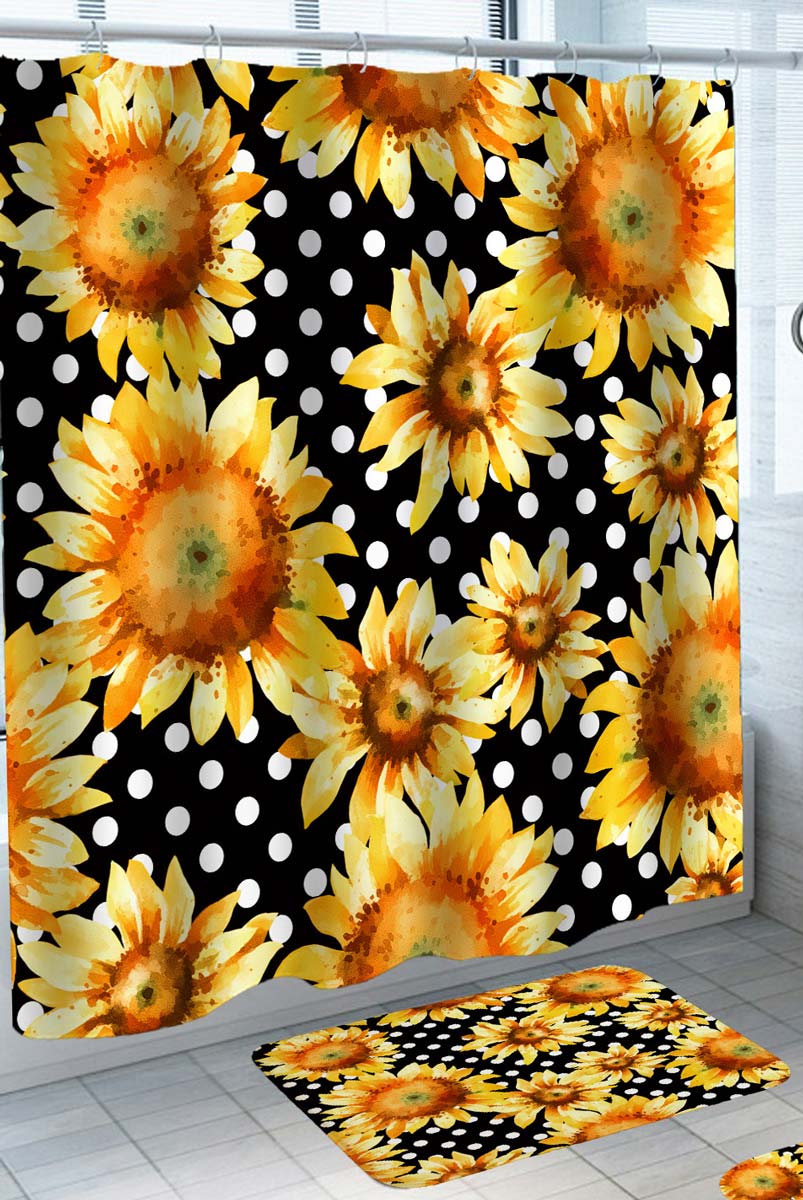 Painted Sunflowers on White Polka Dot Decorative Shower Curtains