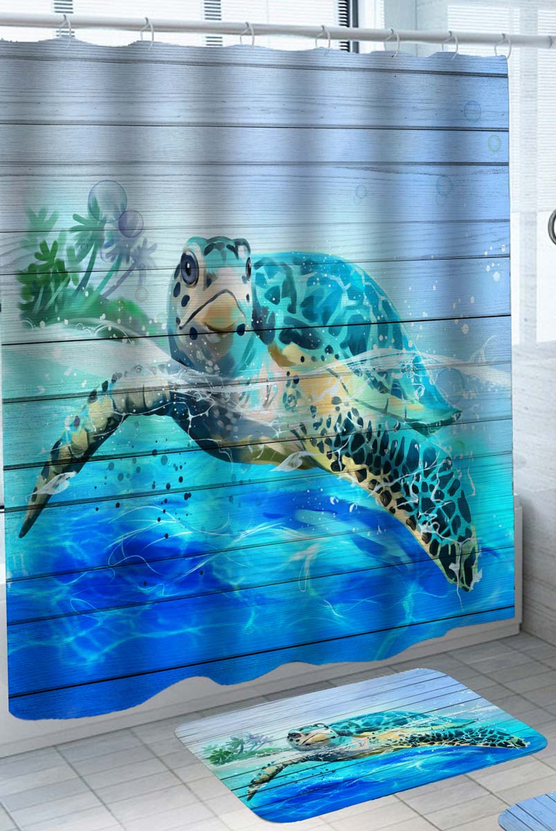Painted Swimming Turtle Shower Curtains