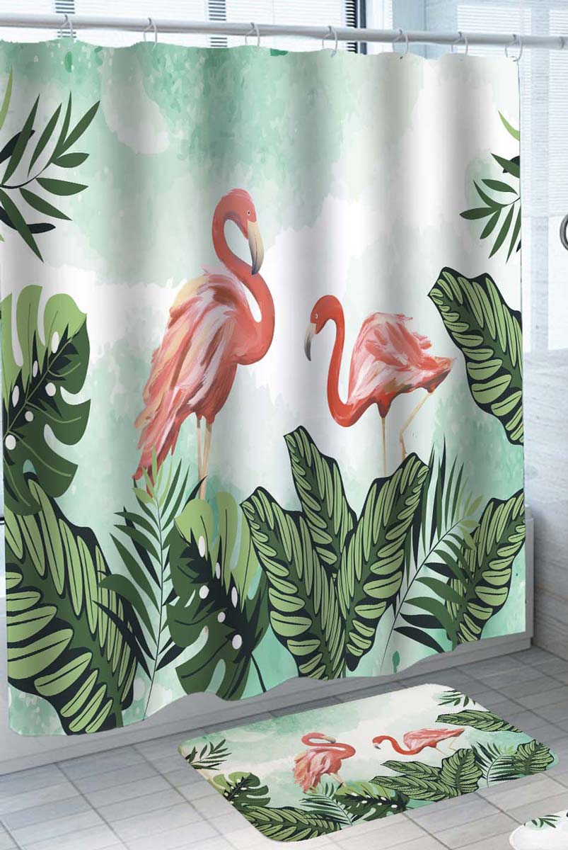 Painted Tropical Scene Shower Curtain Flamingos behind Leaves