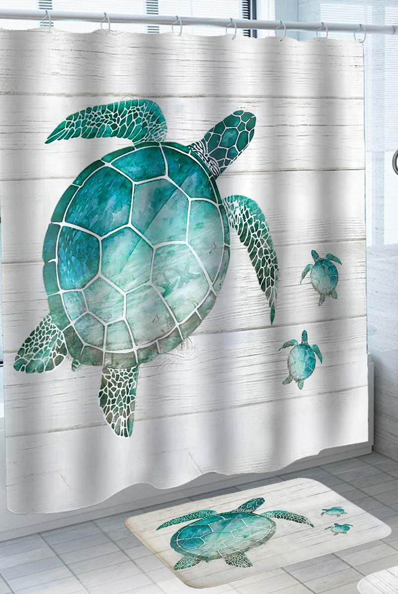 Painted Turtles on Wooden Deck Shower Curtain with Rustic Features