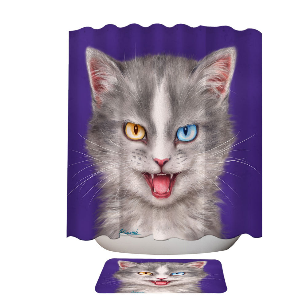 Painted Unique Shower Curtains Cats Heterochromia Eyes Grey Cat