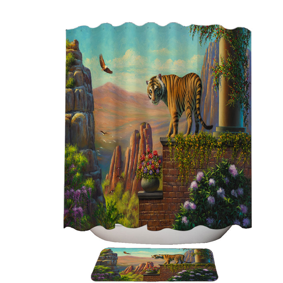 Painting of Tiger on Floral Terrace Shower Curtain