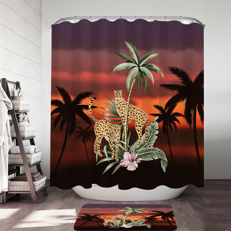 Palm Trees Sunset and Cheetahs Tropical Shower Curtains