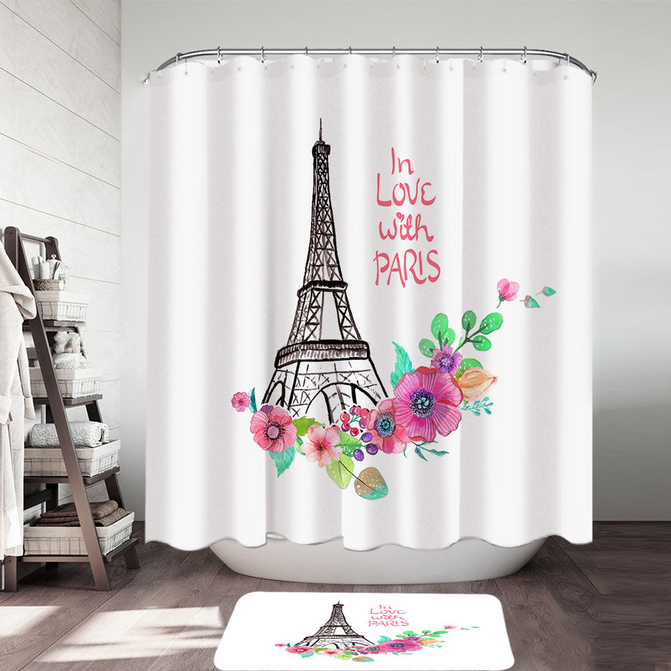 Paris Eiffel Tower Shower Curtain Drawing and Flowers