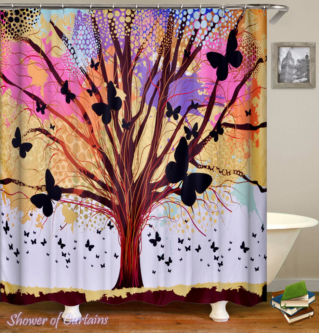 Pastel Colors Tree And Butterflies Shower Curtain