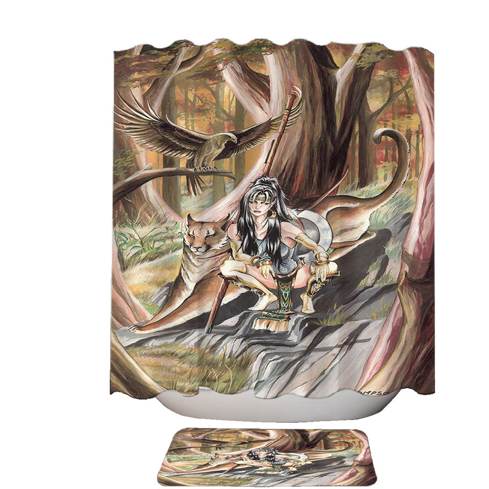 Paths of Autumn Woman Warrior and Puma Shower Curtain