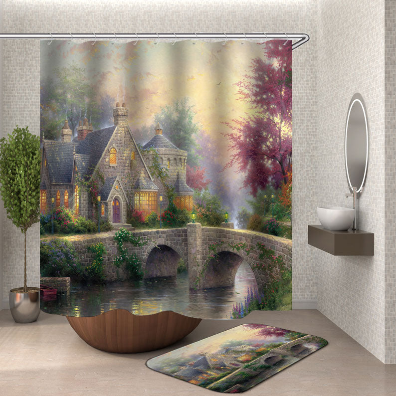 Peaceful Shower Curtains Village House and Bridge by the Lake