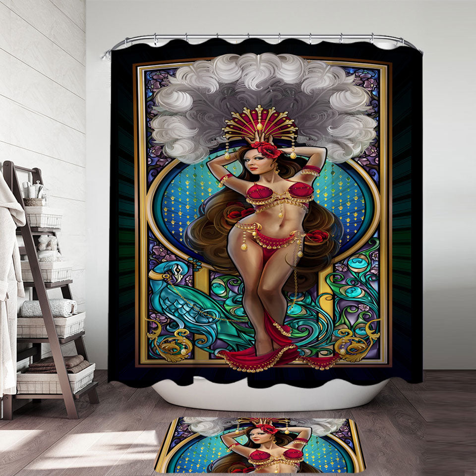 Peacock and Sexy Burlesque Belly Dancer Shower Curtains for Mens Bathroom