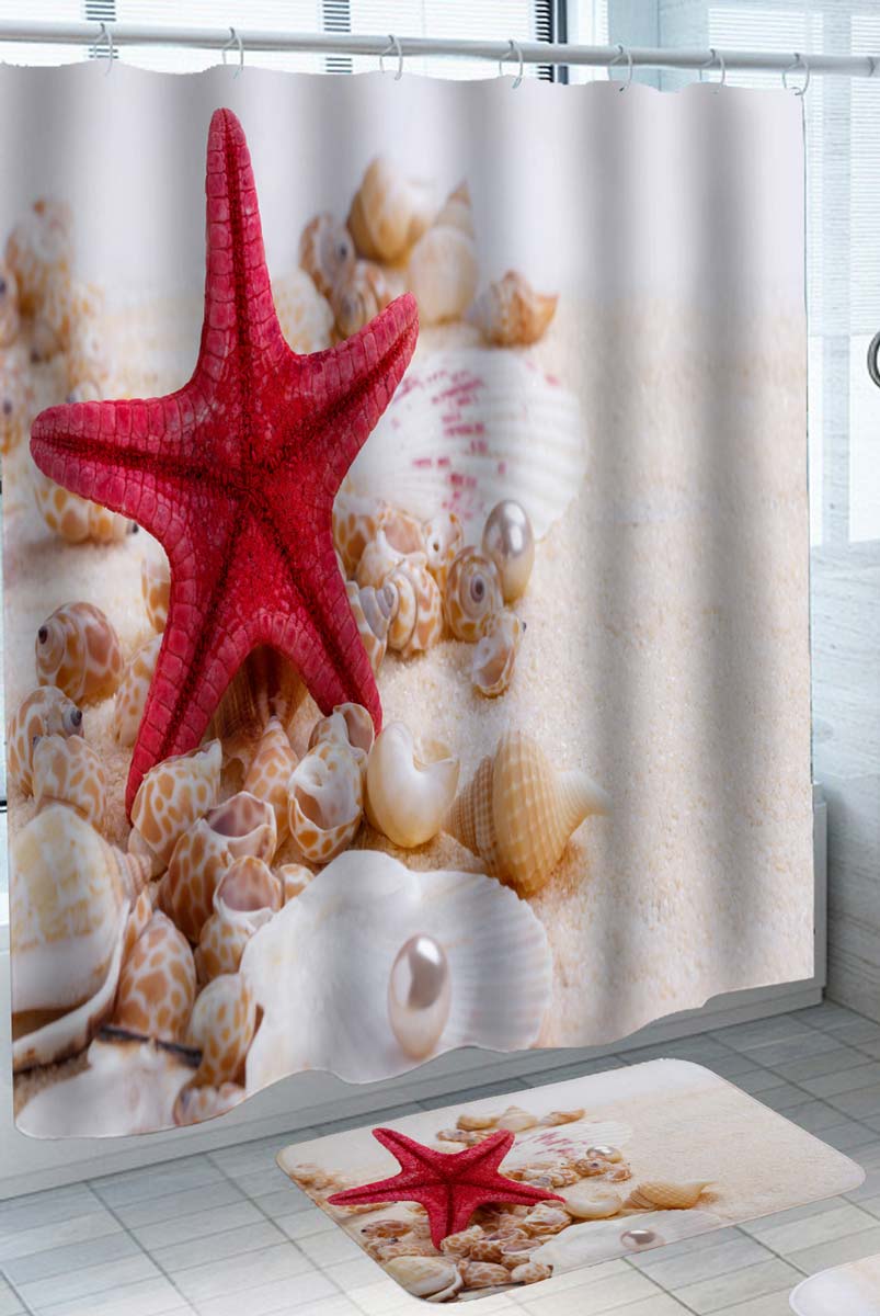 Pearl Shells and Red Starfish Shower Curtain