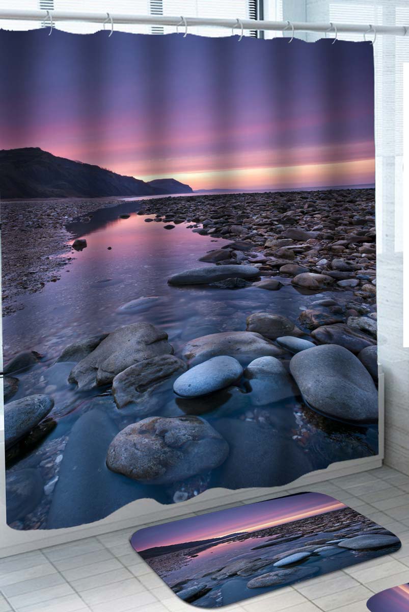 Pebbles Ocean Beach at Sunset Shower Curtains