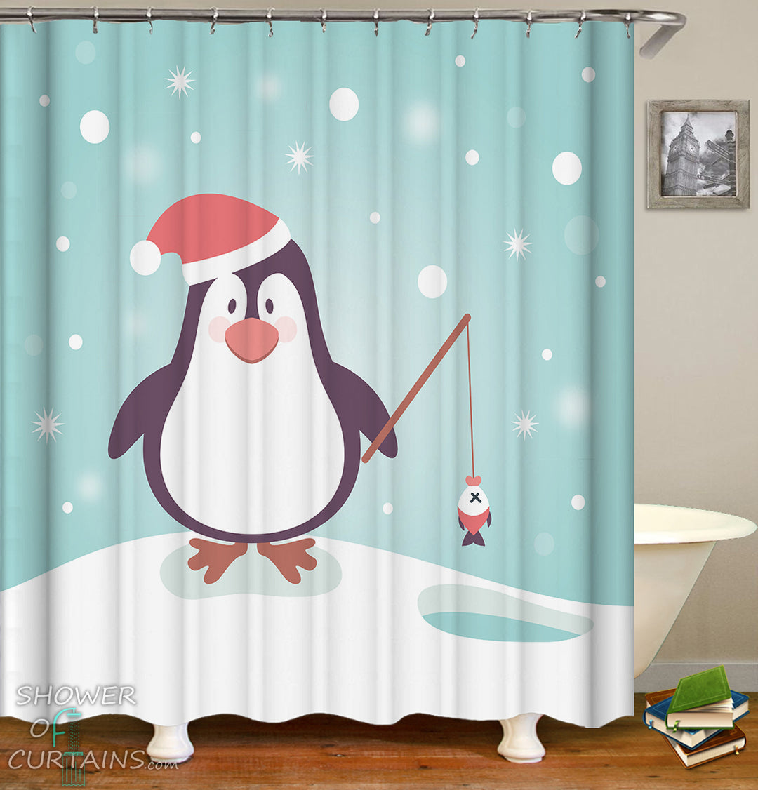 Penguin Shower Curtain for Christmas - Cute Penguin With Santa Hat