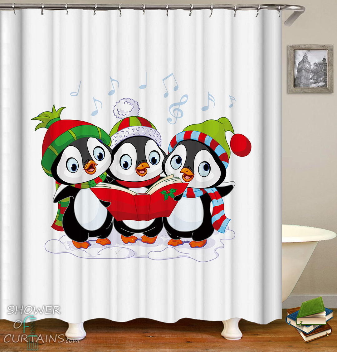Penguins Shower Curtains of Penguins Christmas Band