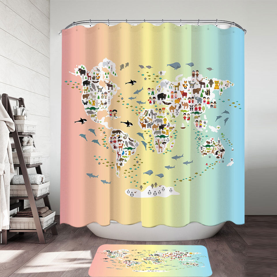 People and Animals World Map Shower Curtain