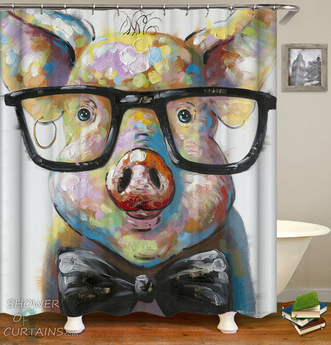 Pig Shower Curtain of Hipster Piggy