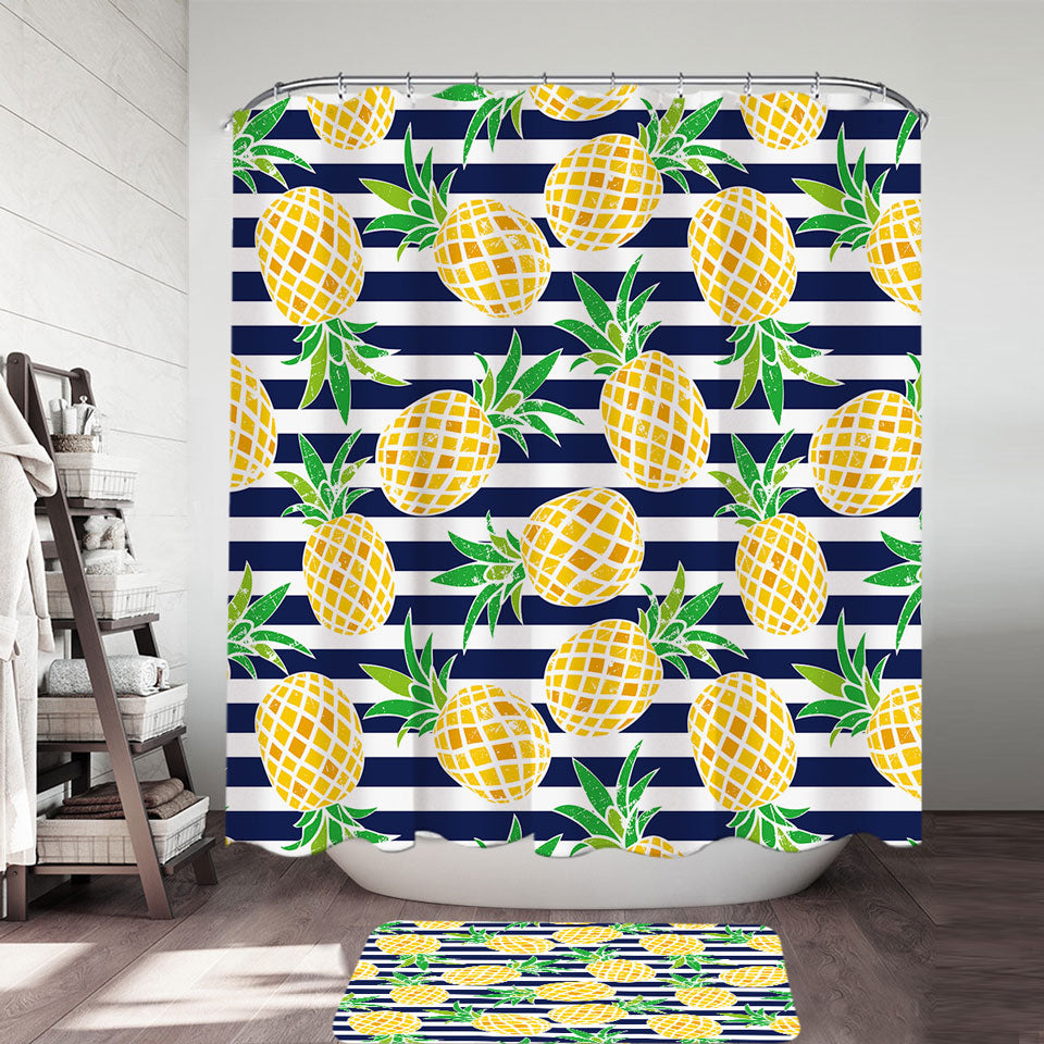 Pineapples Shower Curtain over Blue Stipes