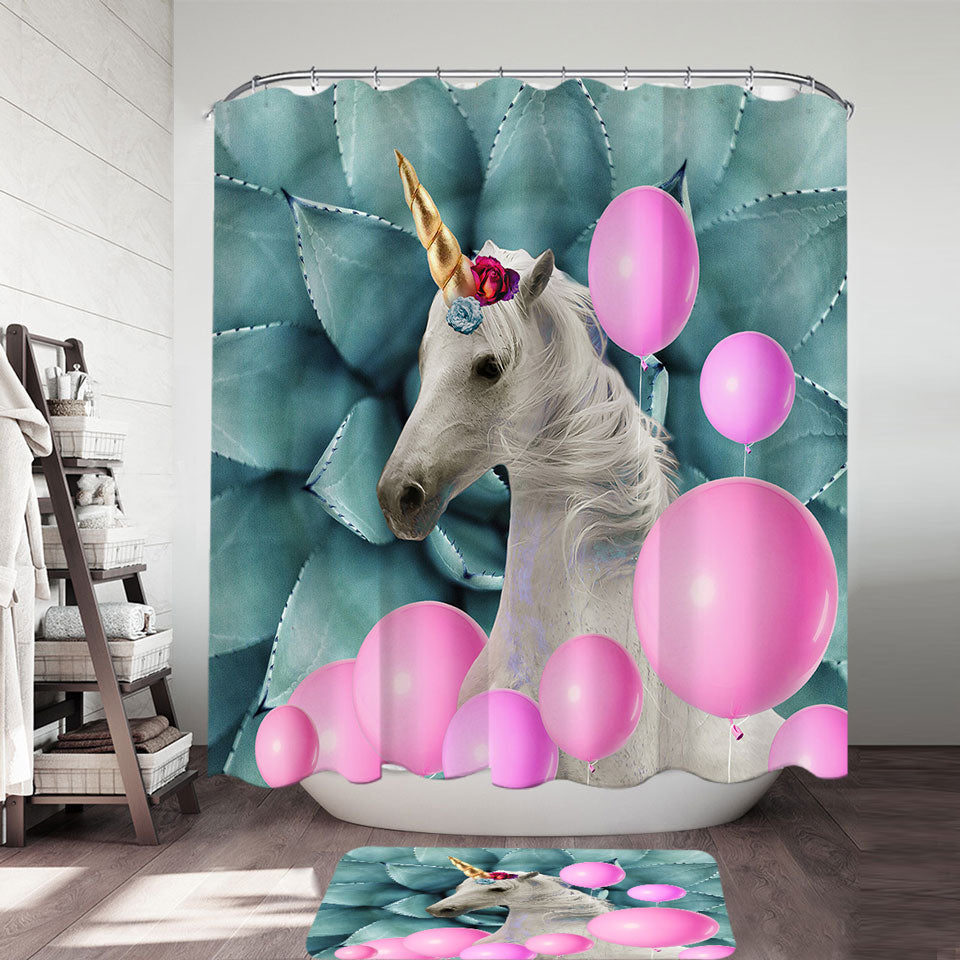 Pink Balloons and Unicorn Kids Shower Curtain