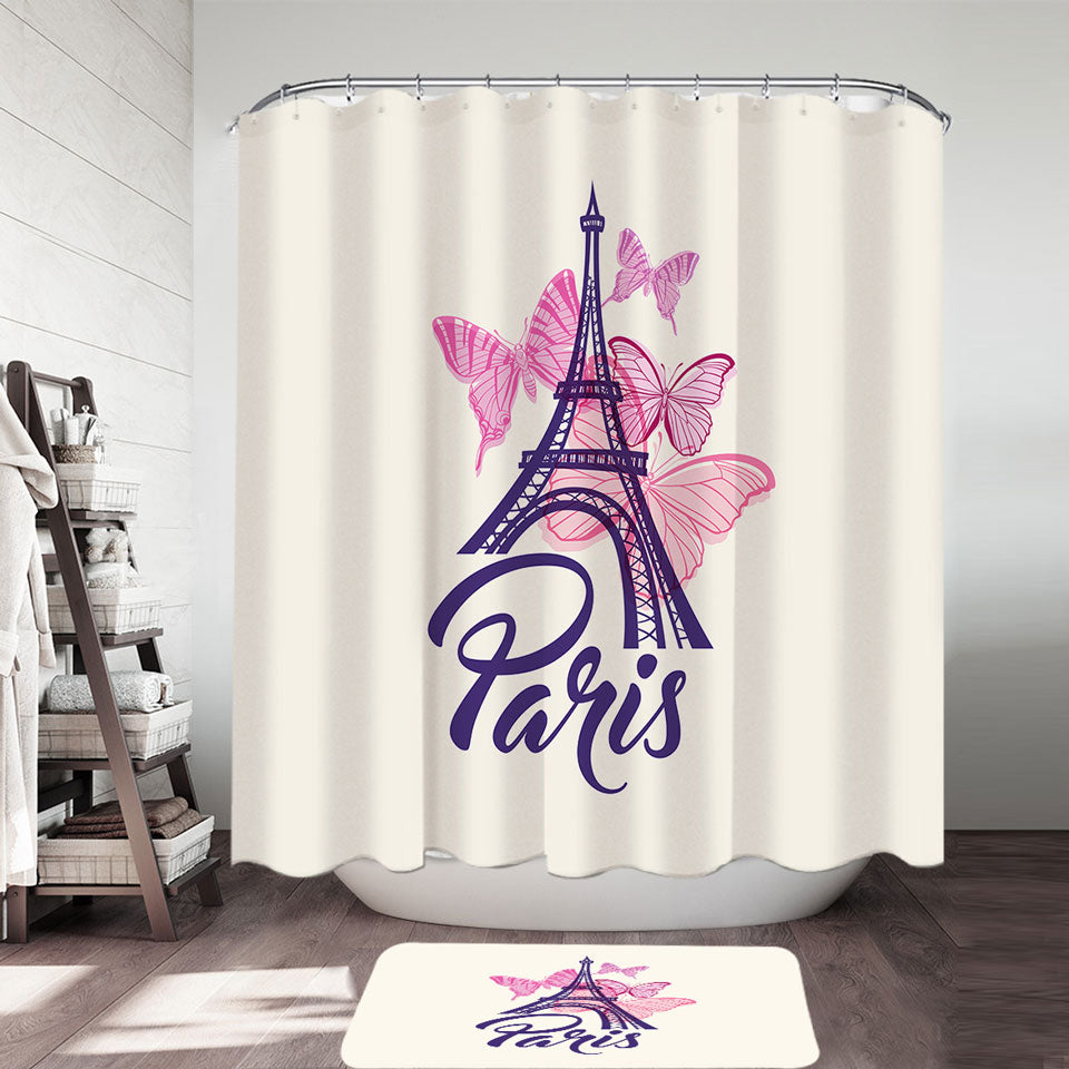Pink Butterflies and Paris Eiffel Tower Fabric Shower Curtains