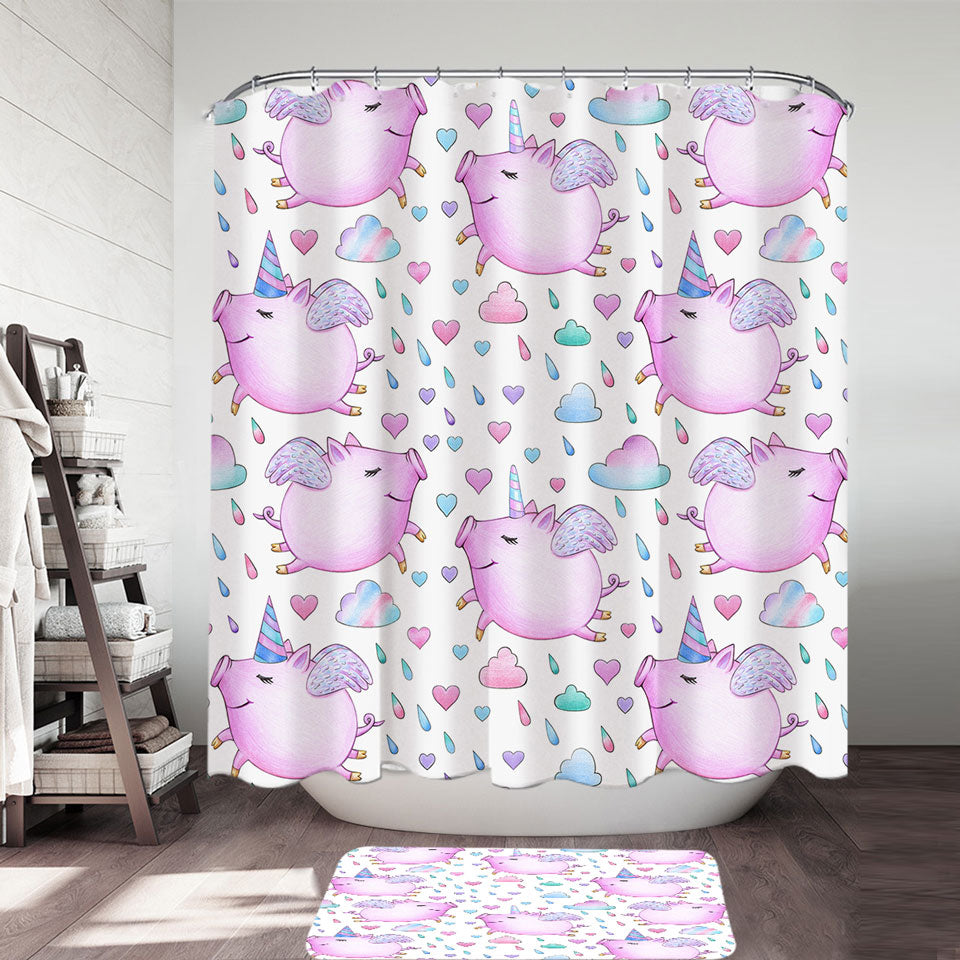 Pink Cute Shower Curtains of Adorable Unicorn Pigs