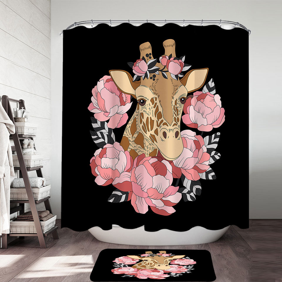 Pink Floral Giraffe Fabric Shower Curtains
