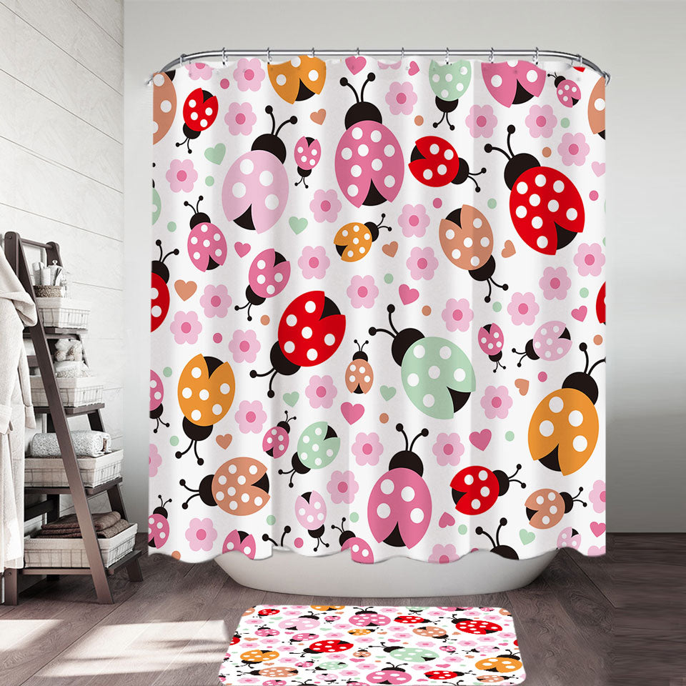 Pink Little Flowers and Ladybugs Shower Curtain