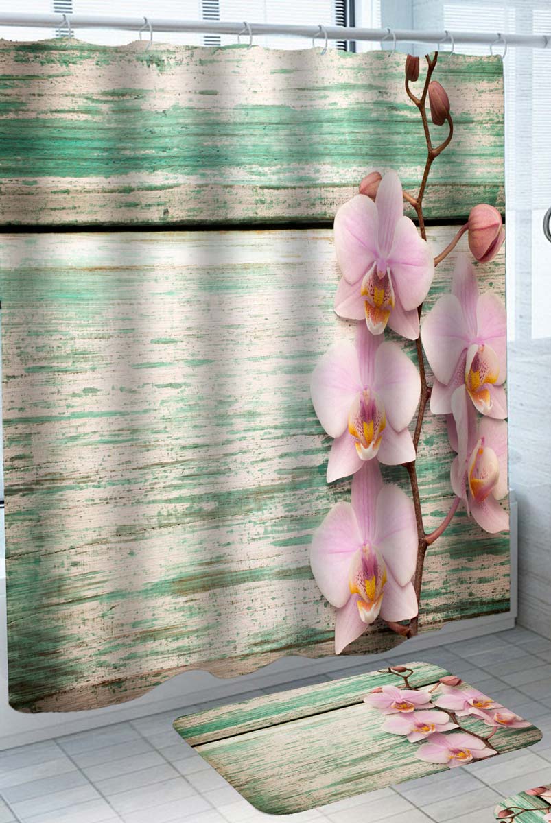 Pink Orchid Shower Curtain with Turquoise Worn Deck