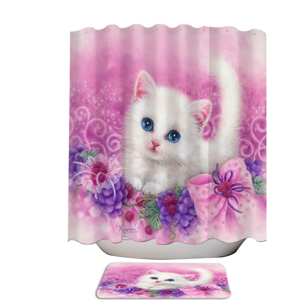 Pink Present White Kitten with Grapes Shower Curtain
