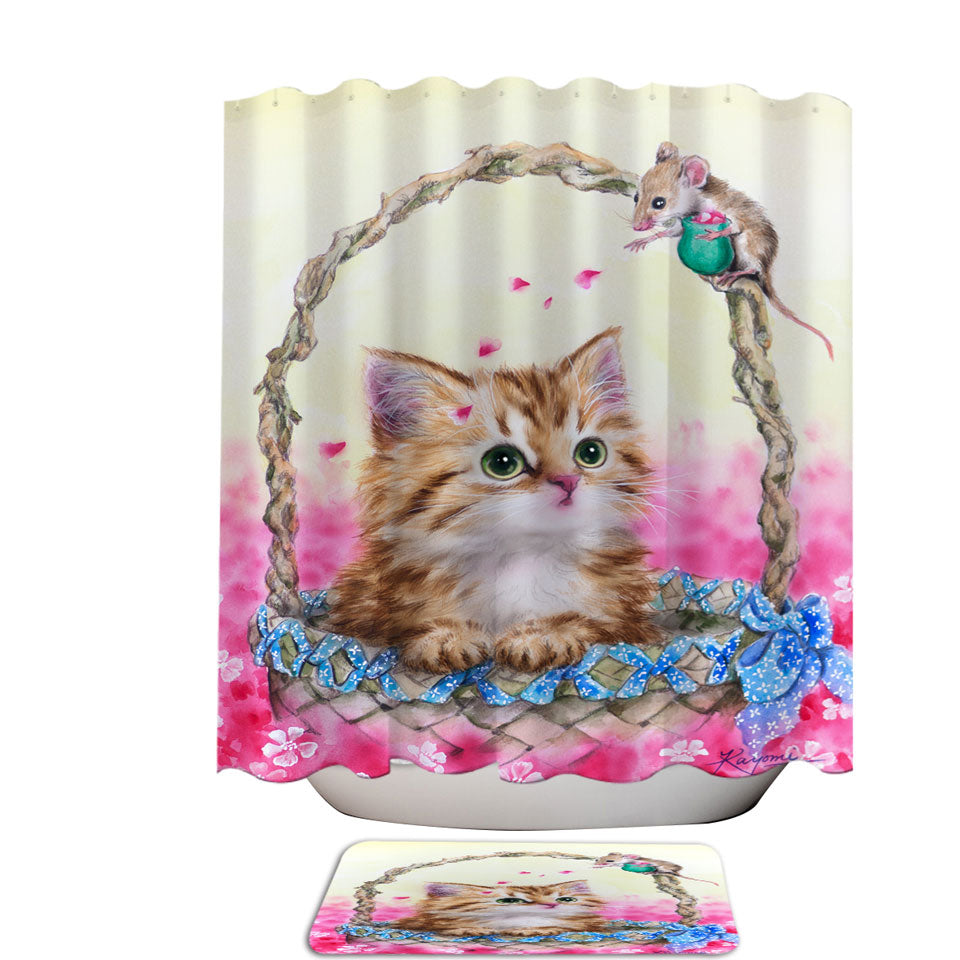 Pink Shower Curtain Garden and Ginger Kitty Cat in a Basket