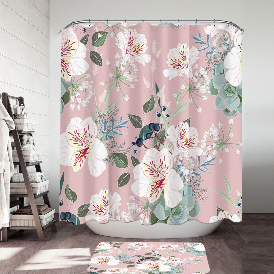 Pink under White Flowers Shower Curtain