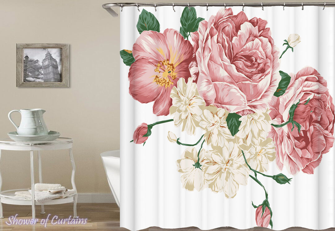 Pink And White Fresh flowers print shower curtains