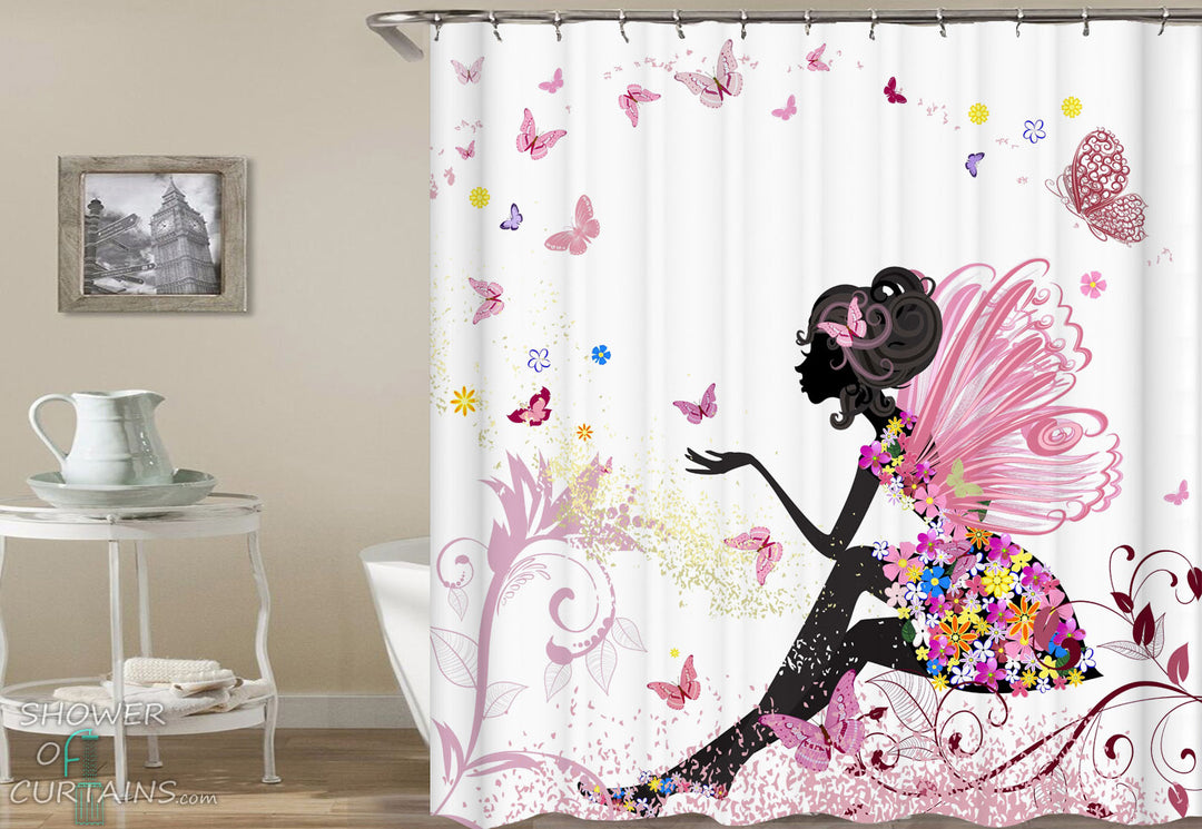 Pink Girl Shower Curtain of Butterflies' Fairy