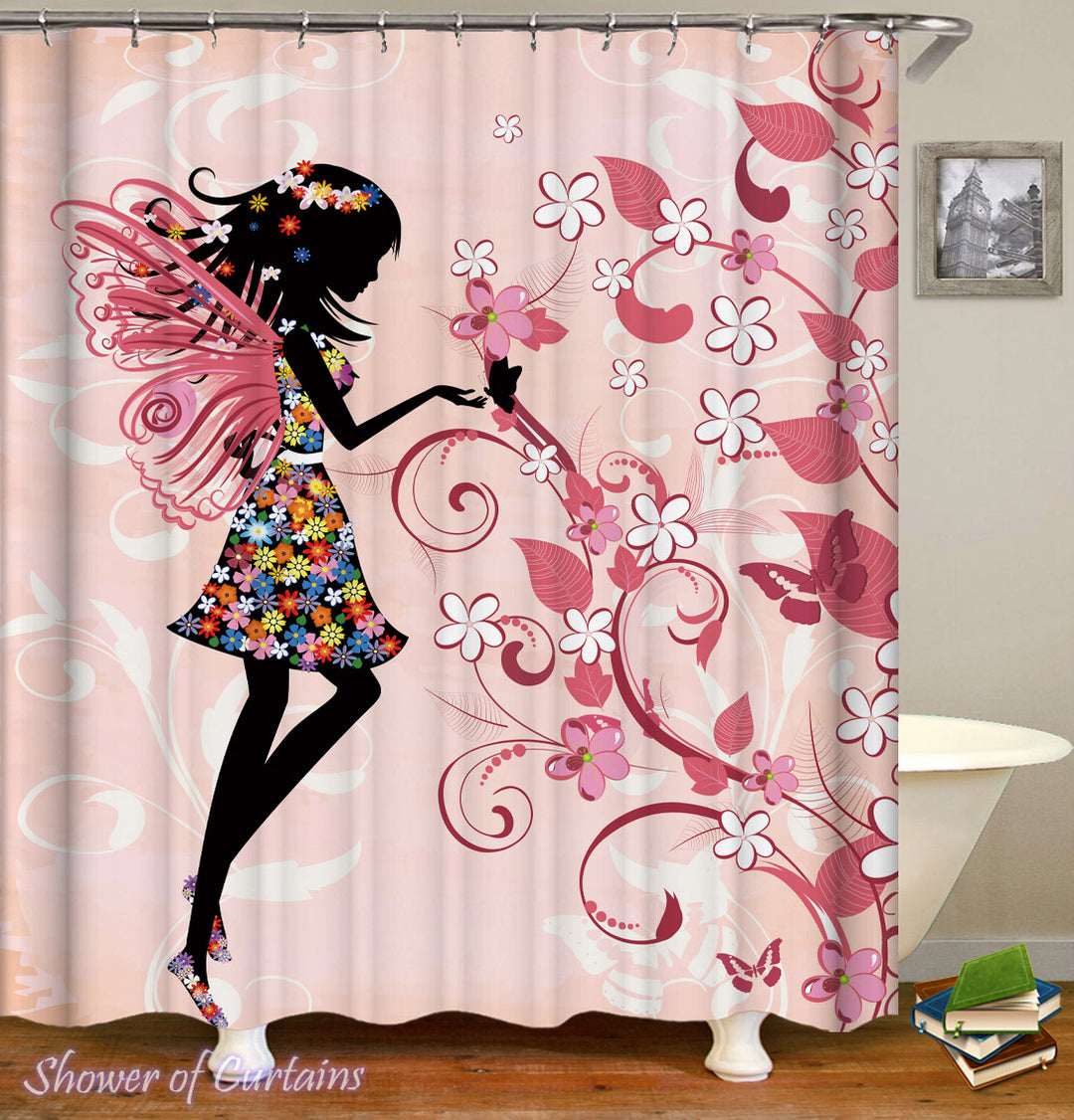 Pink Shower Curtain - Girly Black Figure Over Pink Bathroom