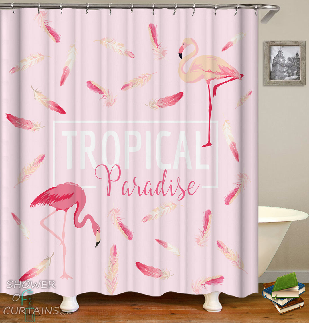 Pink Shower Curtain of Tropical Paradise Flamingo Shower Curtain