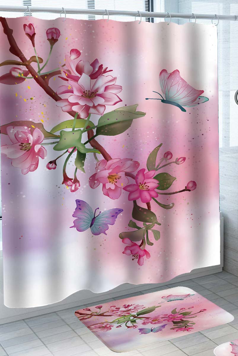 Pinkish Art Painting Flowers and Butterflies Shower Curtains and Bathroom Rug Set
