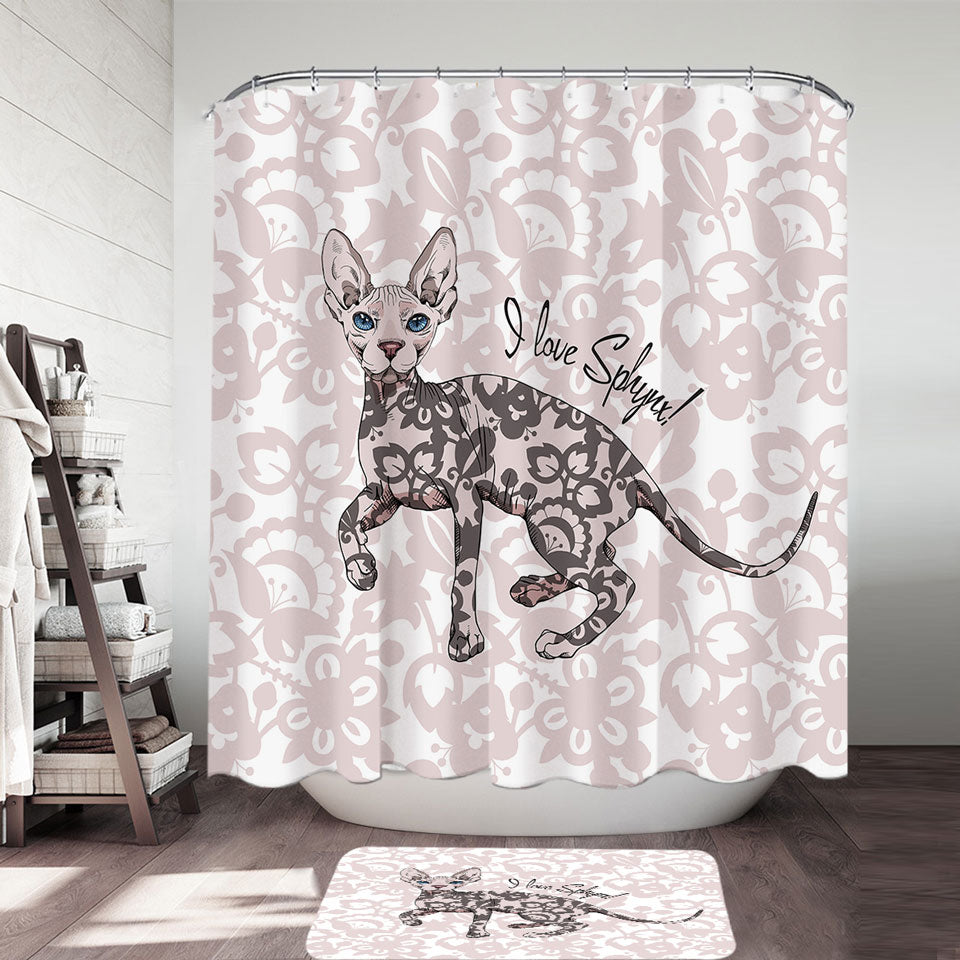 Pinkish Floral Pattern Sphynx Cat Shower Curtain