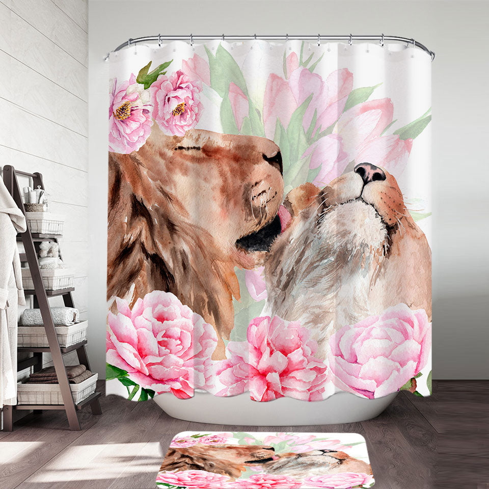 Pinkish Flowers and Loving Lions Unique Shower Curtains