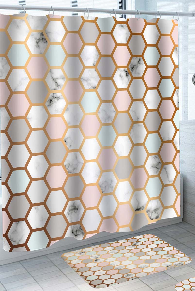 Pinkish Hexagons Marble Shower Curtain