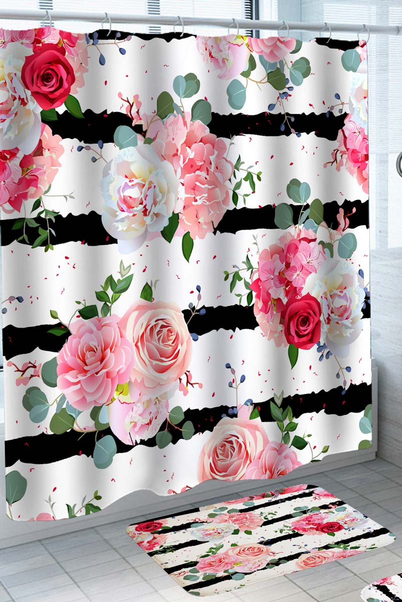 Pinkish Roses Flower Shower Curtains over Black and White