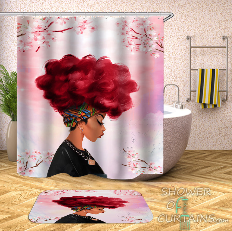 Pinkish Beautiful Black Girl Shower Curtain And Bath Mat