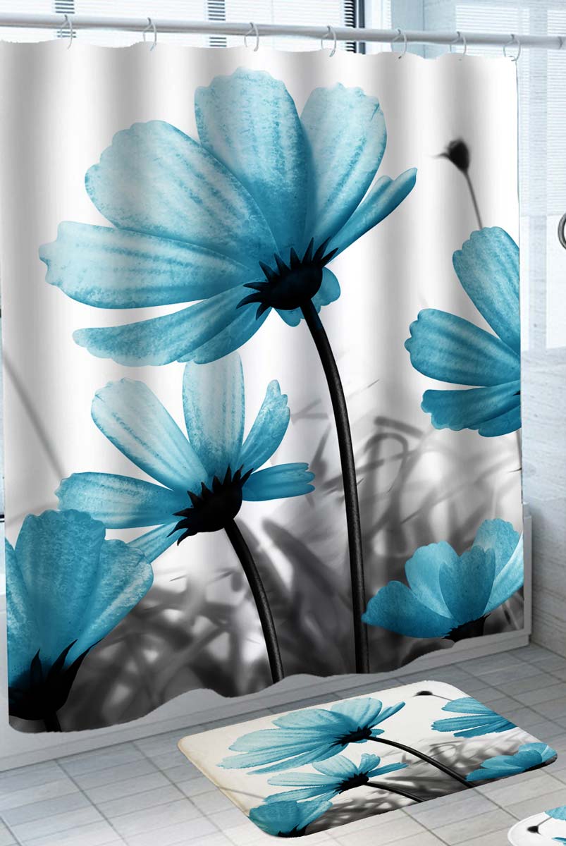 Pretty Shower Curtains with Black and White Light Blue Flowers