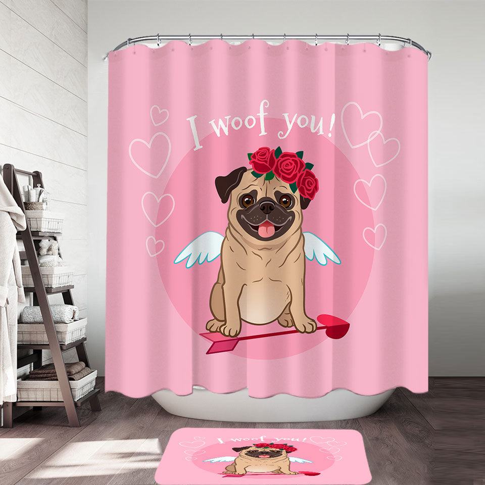 Pug Shower Curtain I Woof You_ Cute Romantic Pug
