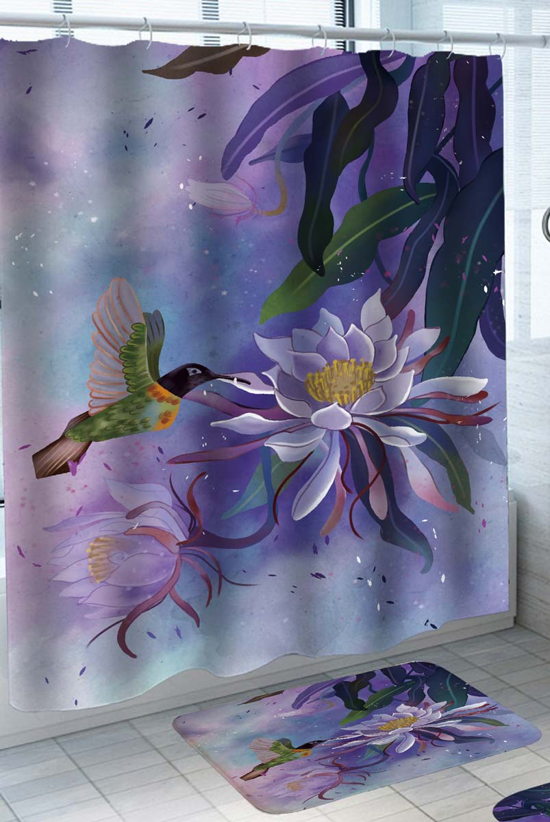 Purple Art Painting Shower Curtain Flower and Hummingbird